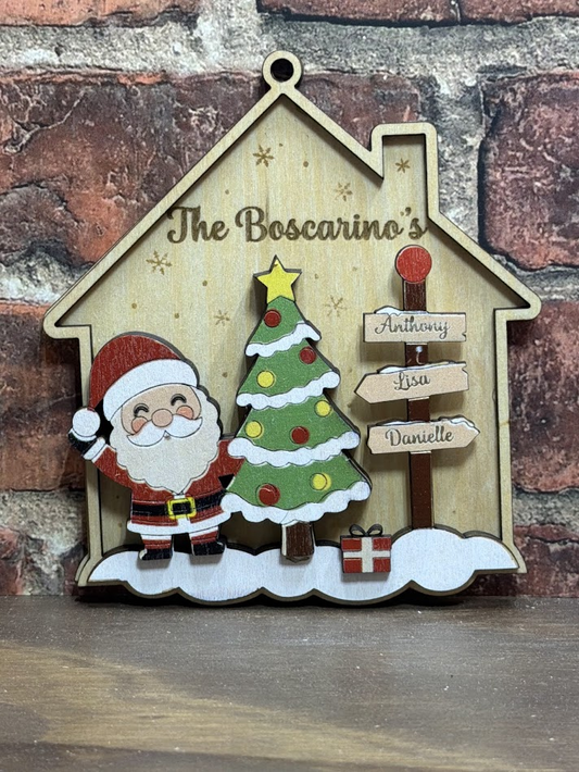 Personalized family ornament - Santa house with name signpost