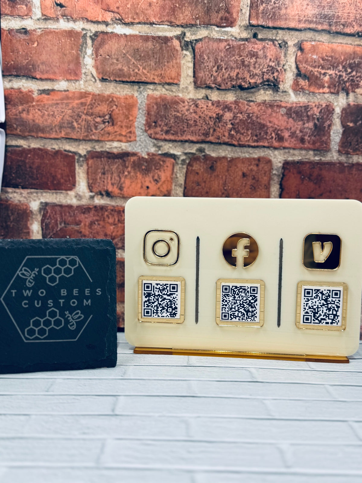 Wooden social media QR stand