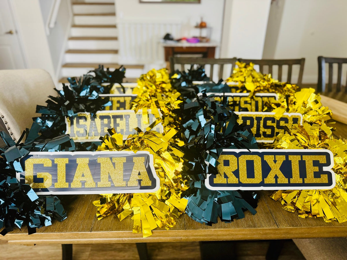 Personalized cheer name signs with poms