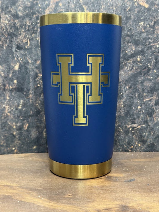 Navy tumbler with gold HT logo engraved