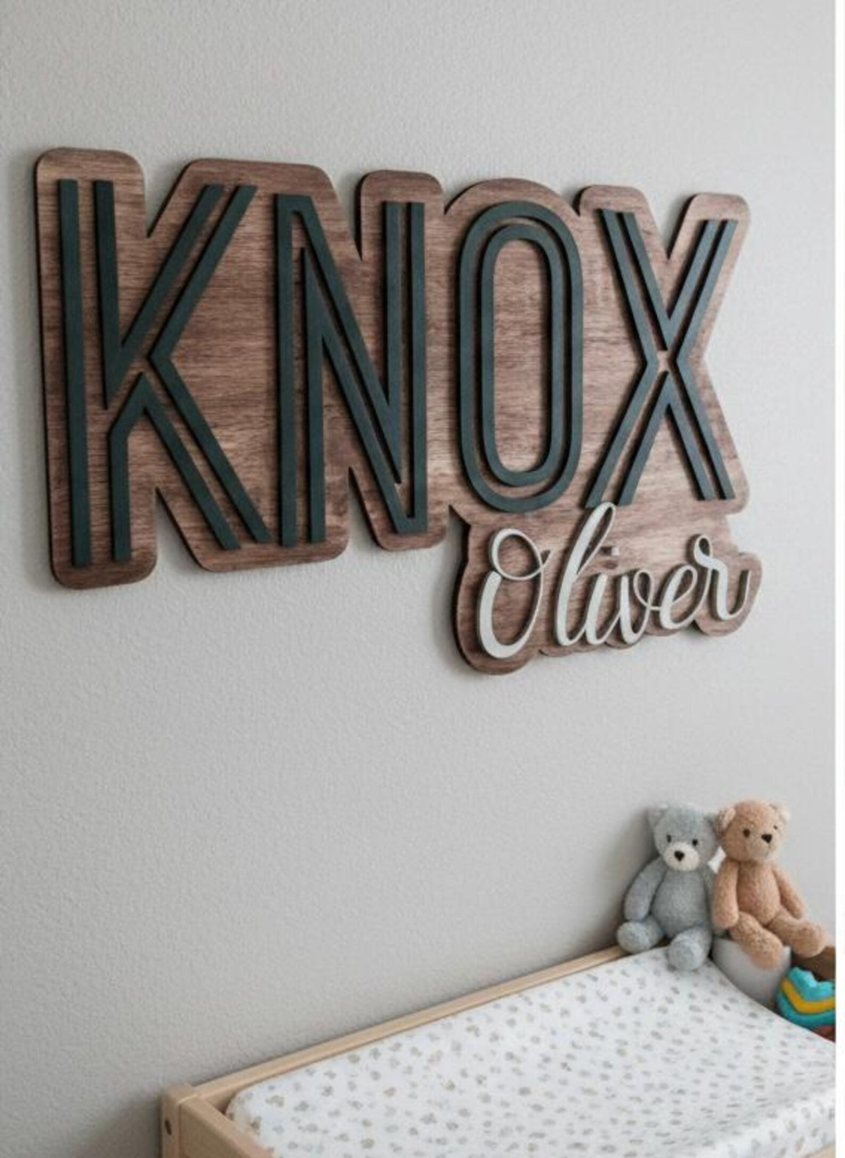 Layered wood nursery name sign over a changing table - KNOX Oliver