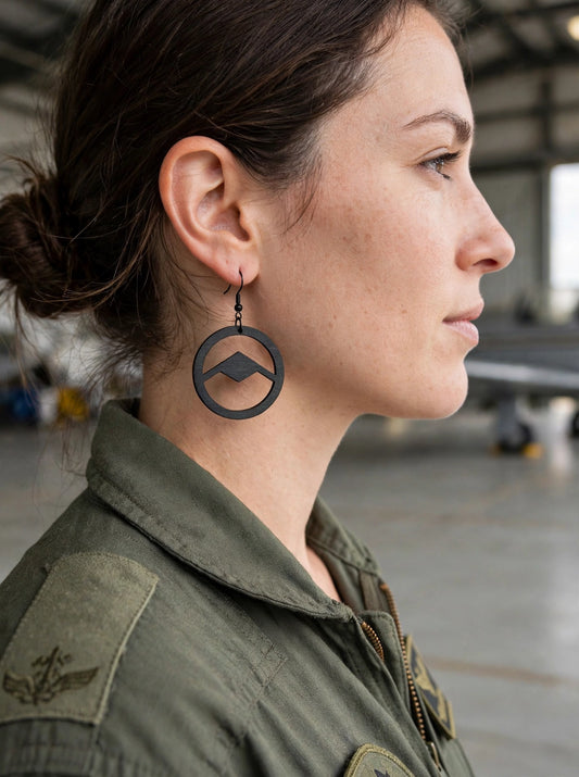 B-21 wooden earrings worn - flight suit model