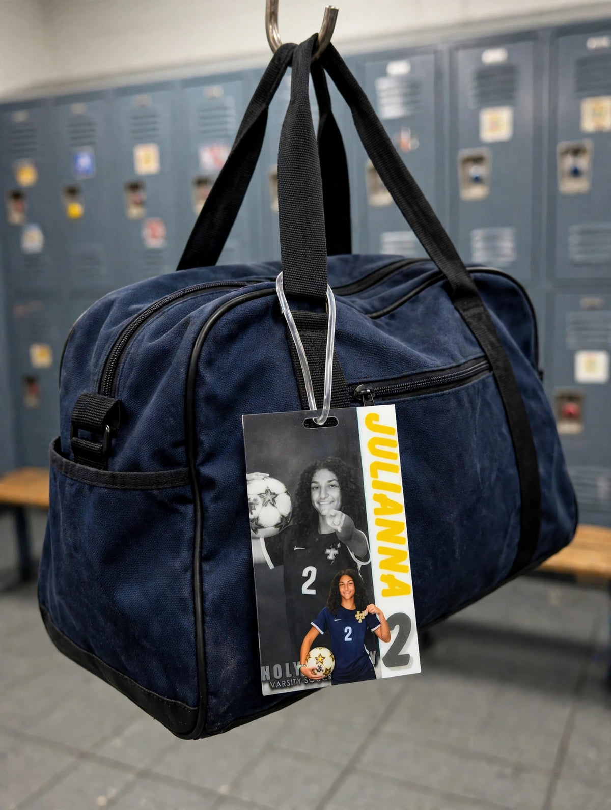 Custom bag tag on a duffel bag in the locker room