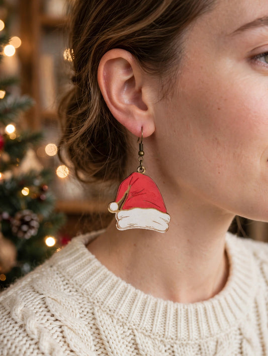Santa hat earrings, worn