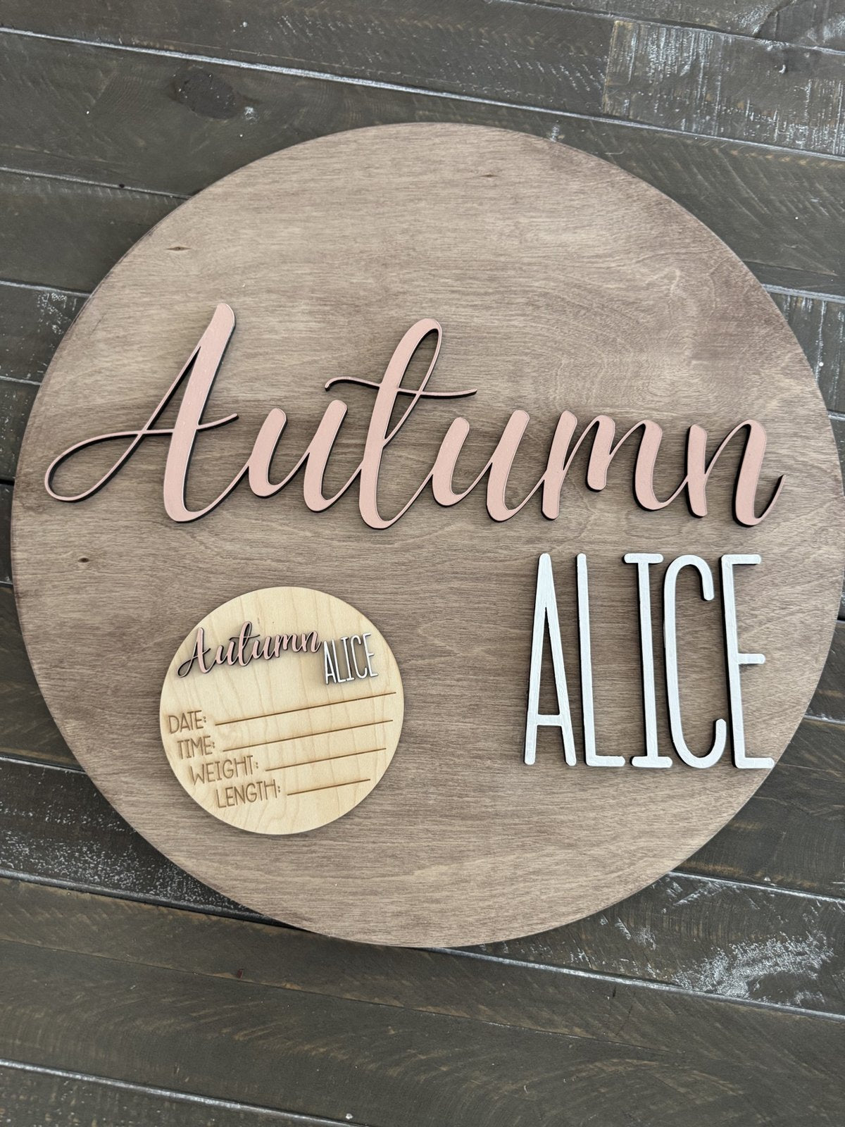Round nursery name sign with matching birth detail disc - Autumn Alice